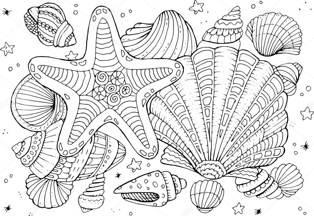 Hand drawn coloring page for kids and adults. Summer beach, sea shells, starfish, ocean. Beautiful drawing with patterns and small details. Coloring pictures. Vector