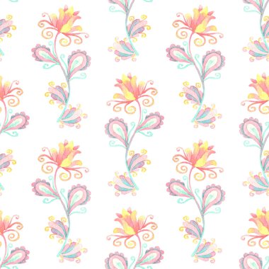 Kusursuz çiçek deseni ve romantik peri çiçekleri. Suluboya botanik geçmişi. Duvar kağıdı, tekstil tasarımı, ambalaj, tekstil, kumaş tasarımı. Paisley.