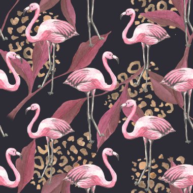 Pembe flamingolu, yapraklı ve leopar tencereli kusursuz tropikal desen. Suluboya arka plan. Duvar kağıdı, tekstil tasarımı, ambalaj, tekstil, kumaş tasarımı. 