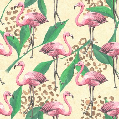 Pembe flamingolu, yapraklı ve leopar tencereli kusursuz tropikal desen. Suluboya arka plan. Duvar kağıdı, tekstil tasarımı, ambalaj, tekstil, kumaş tasarımı. 