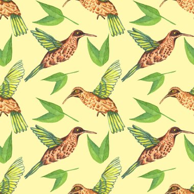 Suluboya kusursuz desen. Sinekkuşları, yaprakları, dalları ve bitkileri olan botanik geçmişi. Tasarım elementleri, kuşlar. Tekstil, ambalaj, kumaş, davetiye ve kartlar için mükemmel..