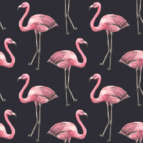 Seamless tropical pattern with pink flamingo on dark background. Watercolor background. Design for wallpaper, textile design, packing, textile, fabric.