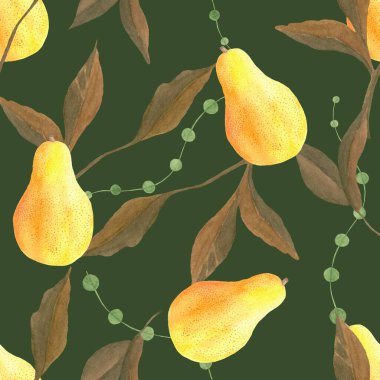Suluboya kusursuz desen. Armutlar, yapraklar, dallar ve bitkilerle botanik geçmişi. Tasarım elemanları. Tekstil, ambalaj, kumaş, davetiye ve kartlar için mükemmel..