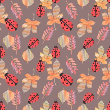 Suluboya kusursuz desen. Uğur böcekleri, yapraklar, dallar ve bitkilerle botanik geçmişi. Tasarım elementleri, uğur böcekleri. Tekstil, ambalaj, kumaş, davetiye ve kartlar için mükemmel..