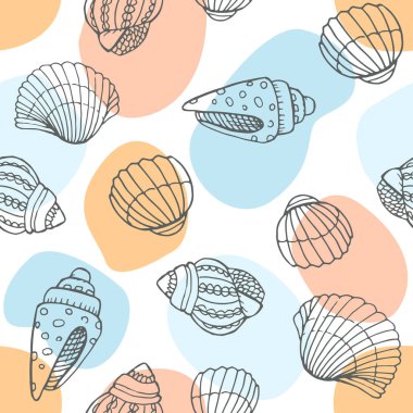 Elle çizilmiş deniz kabukları, deniz elementleri ve yıldızlarla vektörsüz desen. Güzel deniz tasarımı, parmak izleri ve desenler için mükemmel, tekstil, kumaş, çocuk arka planı