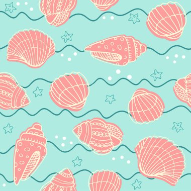 Elle çizilmiş deniz kabukları, deniz elementleri ve yıldızlarla vektörsüz desen. Güzel deniz tasarımı, parmak izleri ve desenler için mükemmel, tekstil, kumaş, çocuk arka planı