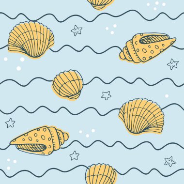 Elle çizilmiş deniz kabukları, deniz elementleri ve yıldızlarla vektörsüz desen. Güzel deniz tasarımı, parmak izleri ve desenler için mükemmel, tekstil, kumaş, çocuk arka planı