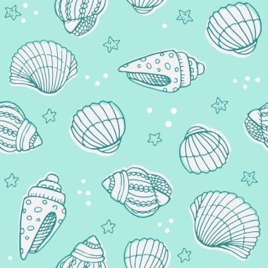 Elle çizilmiş deniz kabukları, deniz elementleri ve yıldızlarla vektörsüz desen. Güzel deniz tasarımı, parmak izleri ve desenler için mükemmel, tekstil, kumaş, çocuk arka planı
