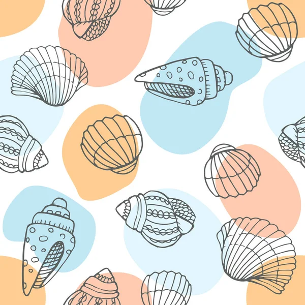 Elle çizilmiş deniz kabukları, deniz elementleri ve yıldızlarla vektörsüz desen. Güzel deniz tasarımı, parmak izleri ve desenler için mükemmel, tekstil, kumaş, çocuk arka planı