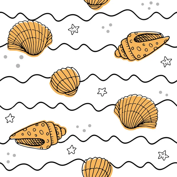 Elle çizilmiş deniz kabukları, deniz elementleri ve yıldızlarla vektörsüz desen. Güzel deniz tasarımı, parmak izleri ve desenler için mükemmel, tekstil, kumaş, çocuk arka planı