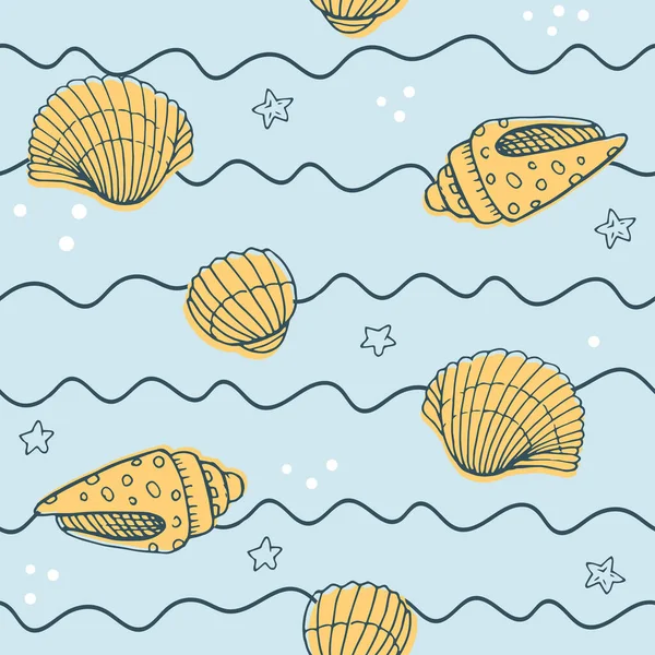 Elle çizilmiş deniz kabukları, deniz elementleri ve yıldızlarla vektörsüz desen. Güzel deniz tasarımı, parmak izleri ve desenler için mükemmel, tekstil, kumaş, çocuk arka planı