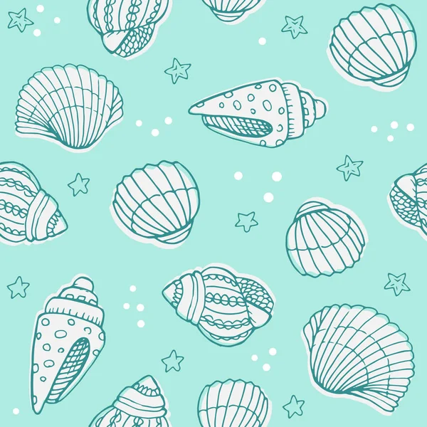 Elle çizilmiş deniz kabukları, deniz elementleri ve yıldızlarla vektörsüz desen. Güzel deniz tasarımı, parmak izleri ve desenler için mükemmel, tekstil, kumaş, çocuk arka planı