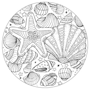 Çocuklar ve yetişkinler için el çizimi yuvarlak boyama sayfası. Yaz kumsalı, deniz kabukları, deniz yıldızı, okyanus. Şablonları ve küçük detayları olan güzel bir çizim. Boyama kitabı. Vektör