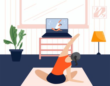 Evde egzersiz yapan ve dizüstü bilgisayarda ders izleyen bir kız. Oturma odasında yoga yapan bir kadının modern çizimi. Karantina