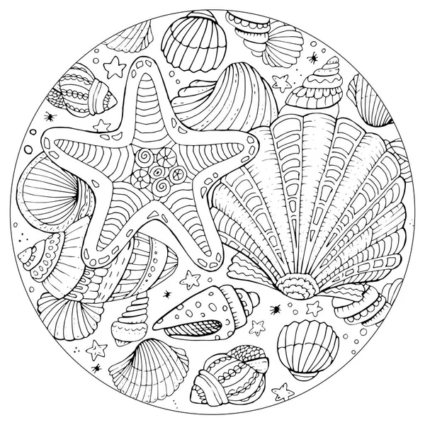 子供や大人のための手描きの丸い形の着色ページ 夏のビーチ ヒトデ パターンと小さな詳細を持つ美しい図面 ぬり絵 ベクトル — ストックベクタ