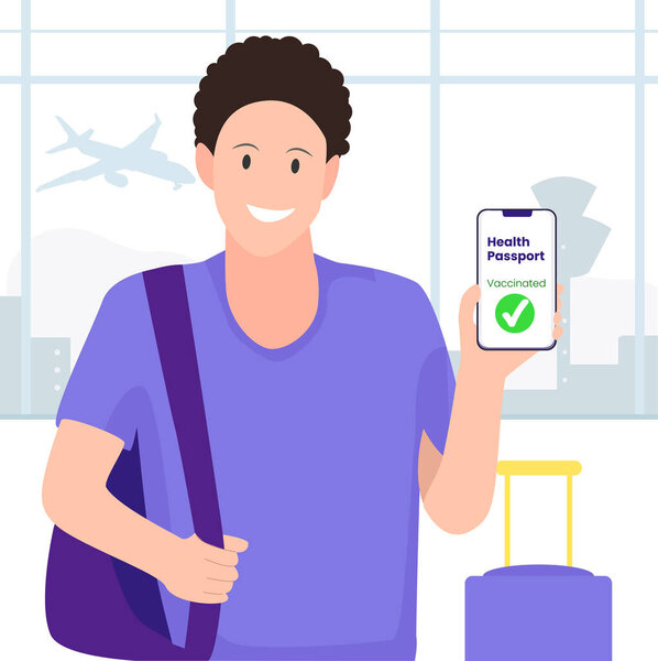Health passport of vaccination, vaccination certificate, COVID  19 document. Check in airport. Flat design vector illustration
