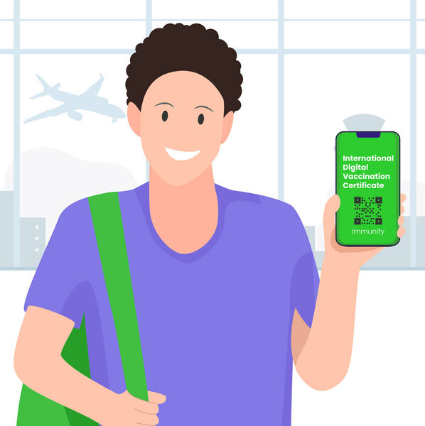 Health passport of vaccination, vaccination certificate, COVID  19 document. Check in airport. Flat design vector illustration