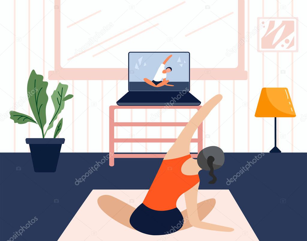 Girl exercising at home and watching online tutorials on laptop. Modern illustration of a woman doing yoga in the living room. Quarantine