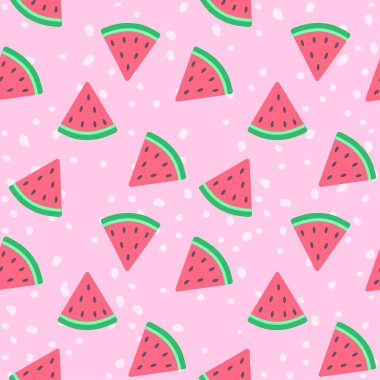Karpuz dilimleriyle kusursuz desen. El çizimi vektör arka plan. Baskı, kağıt, tekstil, kumaş, çocuk arkaplanı için tasarım ögeleri