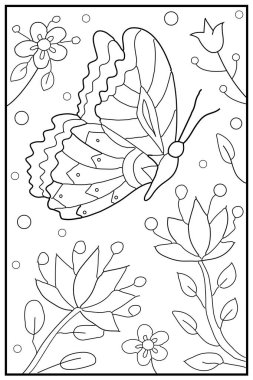 Kelebek ve çiçekler. Çocuklar ve yetişkinler için el boyaması. Kalıpları olan güzel basit çizimler. Hayvanlarla resim boyama kitabı. Vektör