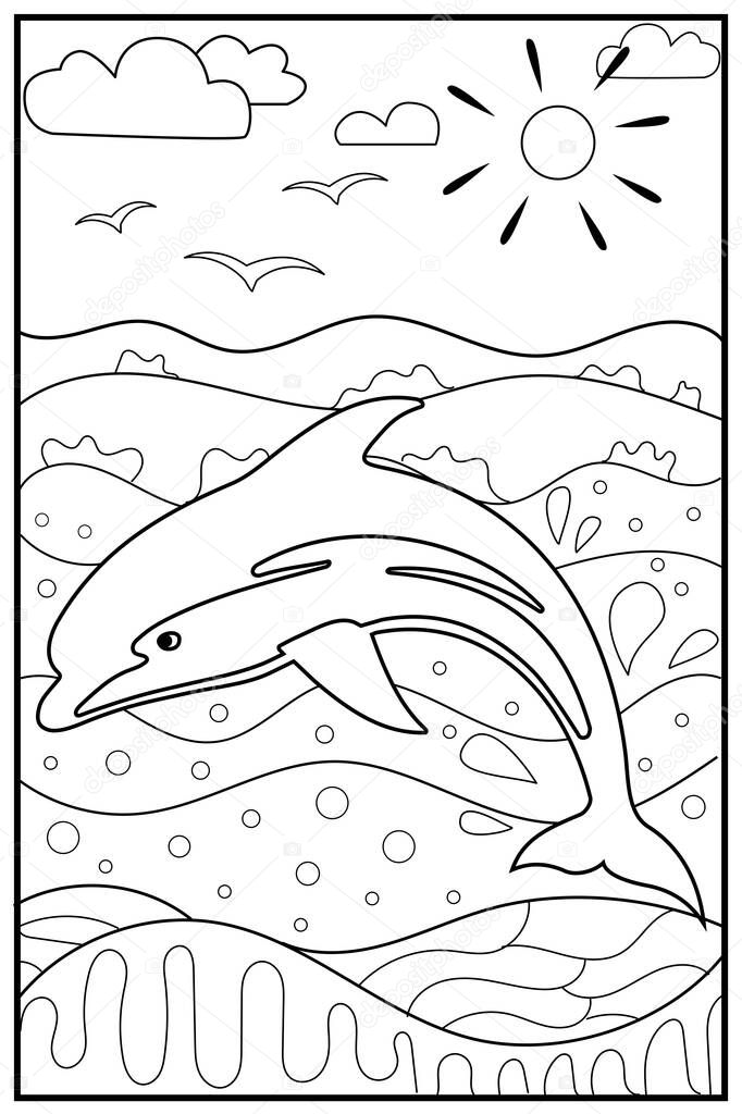 Dolphin in the sea, ocean. Hand drawn coloring for kids and adults. Beautiful simple drawings with patterns. Coloring book pictures with animals. Vector