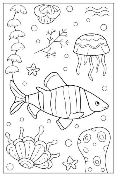 海底的生命 为儿童和成人手绘着色 有图案的漂亮而简洁的图画 用鱼给书画着色 — 图库矢量图片