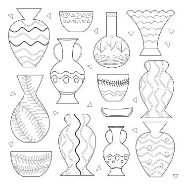 Çocuklar ve yetişkinler için el çizimi boyama sayfası. Çamur sanatı ve çömlek. Şablonları ve küçük detayları olan güzel bir çizim. Boyama kitabı eski resimleri. Vektör