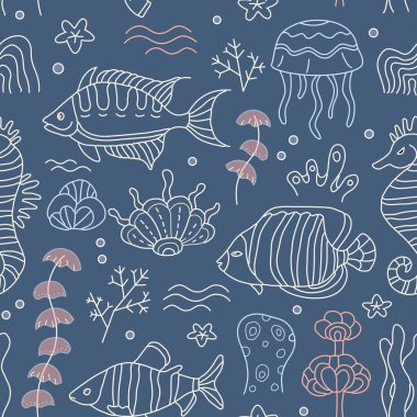 Mercan ve balık desenli kusursuz deniz deseni. Duvar kağıdı, tekstil tasarımı, ambalaj, kumaş için moda tasarımı. Modern canlı arkaplan. 