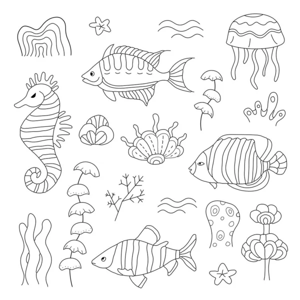 海底的生命 为儿童和成人手绘着色 有图案的漂亮而简洁的图画 用鱼给书画着色 — 图库矢量图片