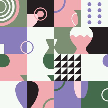 Seramik çömleklerle kusursuz desen. Yüzyıl ortası tarzında geometrik arkaplan. Duvar kağıdı, tekstil tasarımı, ambalaj, kumaş için moda tasarımı. Klasik klasik renkler.