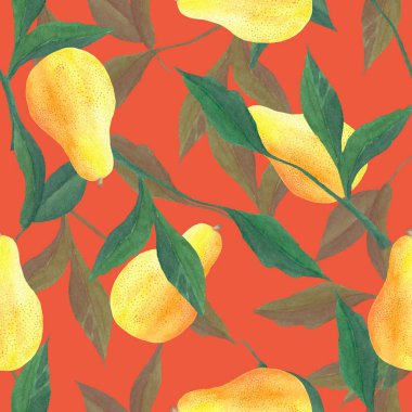 Suluboya kusursuz desen. Armutlar, yapraklar, dallar ve bitkilerle botanik geçmişi. Tasarım elemanları. Tekstil, ambalaj, kumaş, davetiye ve kartlar için mükemmel..