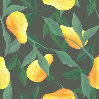 Suluboya kusursuz desen. Armutlar, yapraklar, dallar ve bitkilerle botanik geçmişi. Tasarım elemanları. Tekstil, ambalaj, kumaş, davetiye ve kartlar için mükemmel..