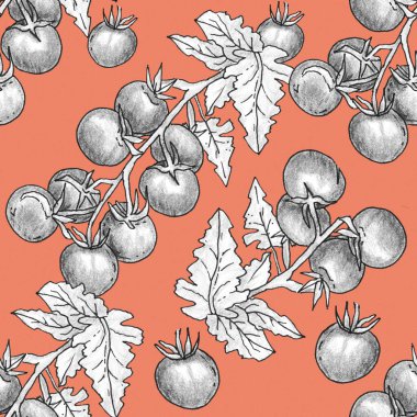 Boyalı domateslerle kusursuz yemek kalıpları. Tekstil, ambalaj, kumaş, davetiyeler, kartlar için arka plan. Parlak kırmızı arka plan. Sebzeler, İtalyan yemek restoranı..