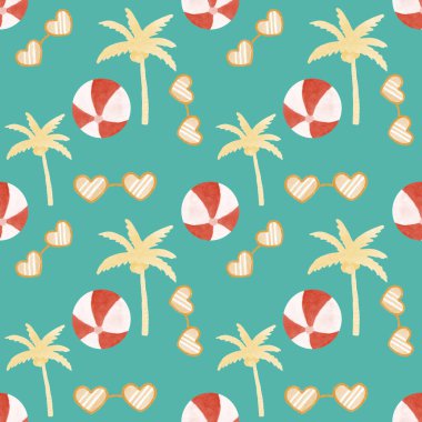 Sulu boyalı palmiye ağaçları, toplar ve gözlüklerle kusursuz bir tropikal desen. Rahatlama, tatil köyü, plaj deseni.