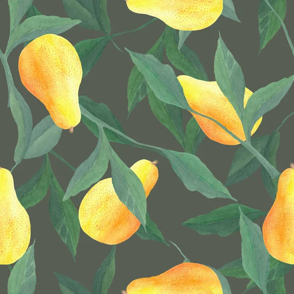 Suluboya kusursuz desen. Armutlar, yapraklar, dallar ve bitkilerle botanik geçmişi. Tasarım elemanları. Tekstil, ambalaj, kumaş, davetiye ve kartlar için mükemmel..