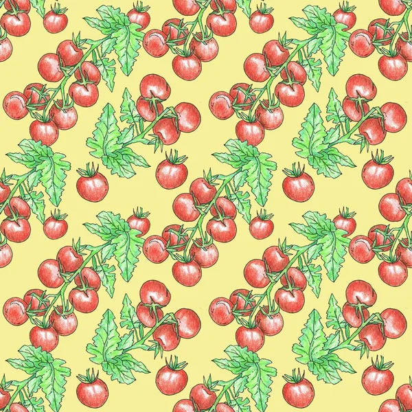 Seamless food pattern with painted tomatoes. Background for textiles, packing, fabric, invitations, cards. Bright green background. Vegetables, Italian food restaurant.