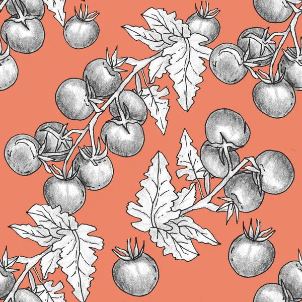 Boyalı domateslerle kusursuz yemek kalıpları. Tekstil, ambalaj, kumaş, davetiyeler, kartlar için arka plan. Parlak kırmızı arka plan. Sebzeler, İtalyan yemek restoranı..