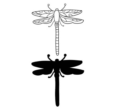 Yusufçuk çizimi. Çizgi çalışması. Beyaz arkaplanda vektör illüstrasyonu. İki versiyon, siyah şekil ve siyah beyaz siluet. Kes şunu.