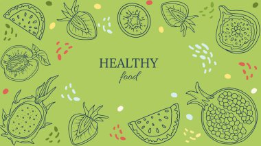Taze meyve, vegan, vejetaryen yemeği. Düzenlenebilir çerçeveler, web şablonları. Zarif bir geçmişi var. İş için plan. Restoran, kafe, yemek festivali, moda mağazaları, marka. 