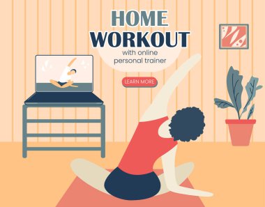 Evde egzersiz yapan ve dizüstü bilgisayarda ders izleyen bir kız. Oturma odasında yoga yapan bir kadının modern çizimi. Pilates dersi, tabii ki, karantina. Web platformu için resim
