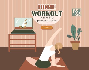 Evde egzersiz yapan ve dizüstü bilgisayarda ders izleyen bir kız. Oturma odasında yoga yapan bir kadının modern çizimi. Pilates dersi, tabii ki, karantina. Web platformu için resim