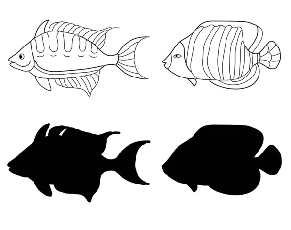 Angel Schmetterlingsfisch Und Thunfisch Illustration Linienkunst Vektorillustration Auf Weißem Hintergrund — Stockvektor