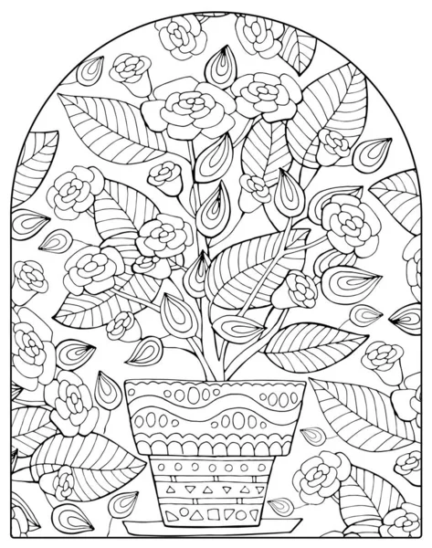 Coloriage Dessiné Main Pour Enfants Adultes Plante Pot Roses Beau — Image vectorielle