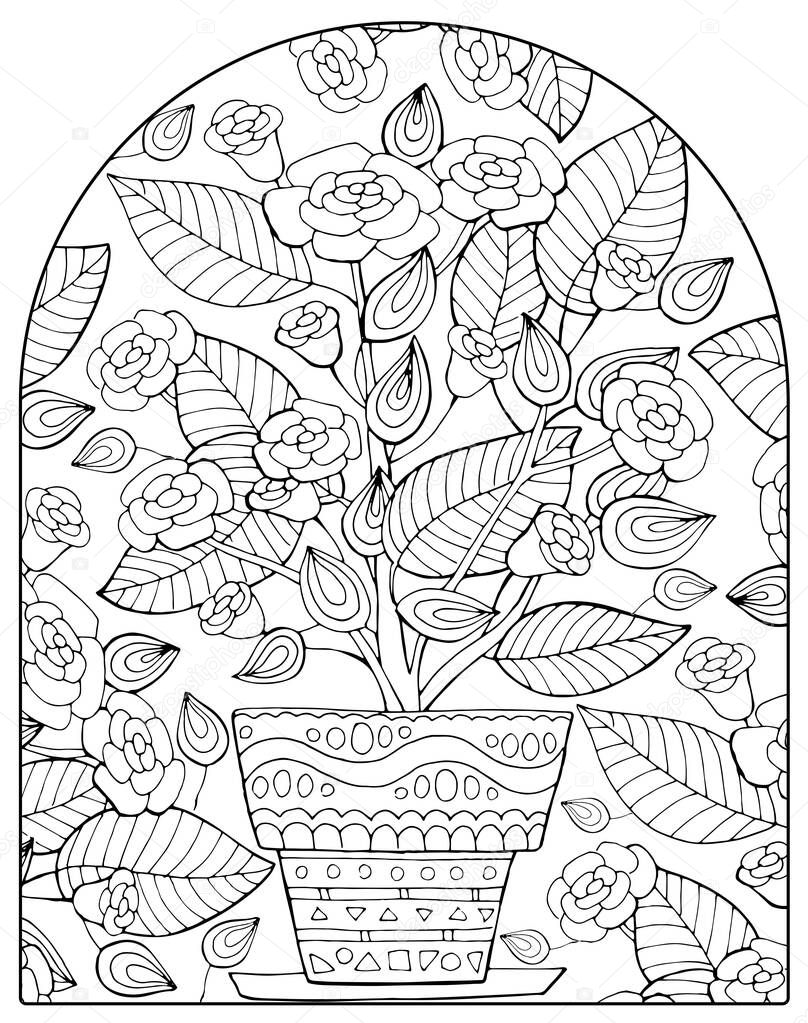 Hand drawn coloring page for kids and adults. Potted plant, roses. Beautiful drawing with patterns and small details. Coloring book pictures. Vector