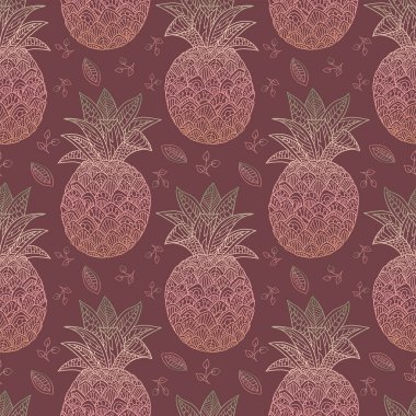 Ananaslı, ananaslı kusursuz desen. Duvar kâğıdı, tekstil tasarımı, ambalaj, kumaş, kağıt, baskı için modaya uygun bir yaz tasarımı. Soyut arkaplan. Sevimli peri tasarımı.