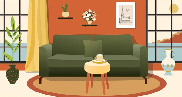 Ruang Keluarga Apartemen Ilustrasi Interior Ruangan Dengan Furnitur Sofa Tanaman - Stok Vektor
