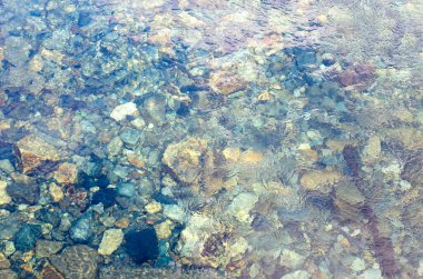 Bir dağ nehrinin berrak sularındaki çok renkli çakıl taşının arka planı.