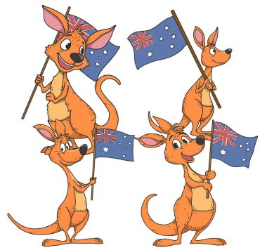 Avustralya bayrağını sallayan sevimli bir kanguru, düz vektör çizgileri beyaz arka planda, Avustralya Gününde online medya için ideal..