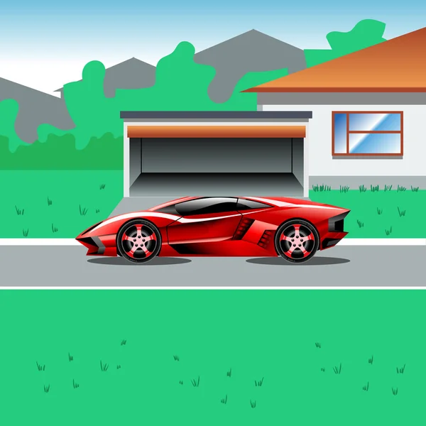 Carro esporte de luxo vermelho estacionado ao lado de uma casa com uma garagem. Vista de paisagem de casa suburbana. Ilustração da campanha publicitária para um carro esporte. Belo folheto de vida. Ilustração vetorial digital . —  Vetores de Stock