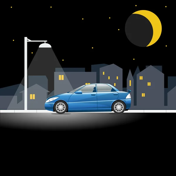 Lonely blue colored car on an empty night street. Lamppost shining in the night above a vehicle on a city street. Digital vector illustration. — Stock Vector